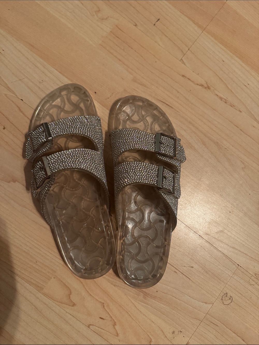 Clear Rhinestone Double-Buckle Slide Sandals